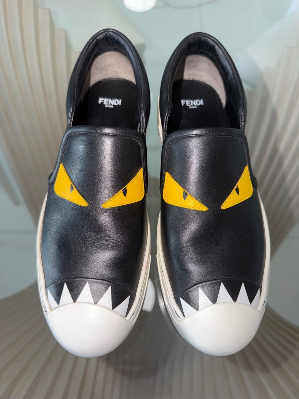 Fendi Monster Bug Eyes Black Leather Slip-On Sneakers EU 38